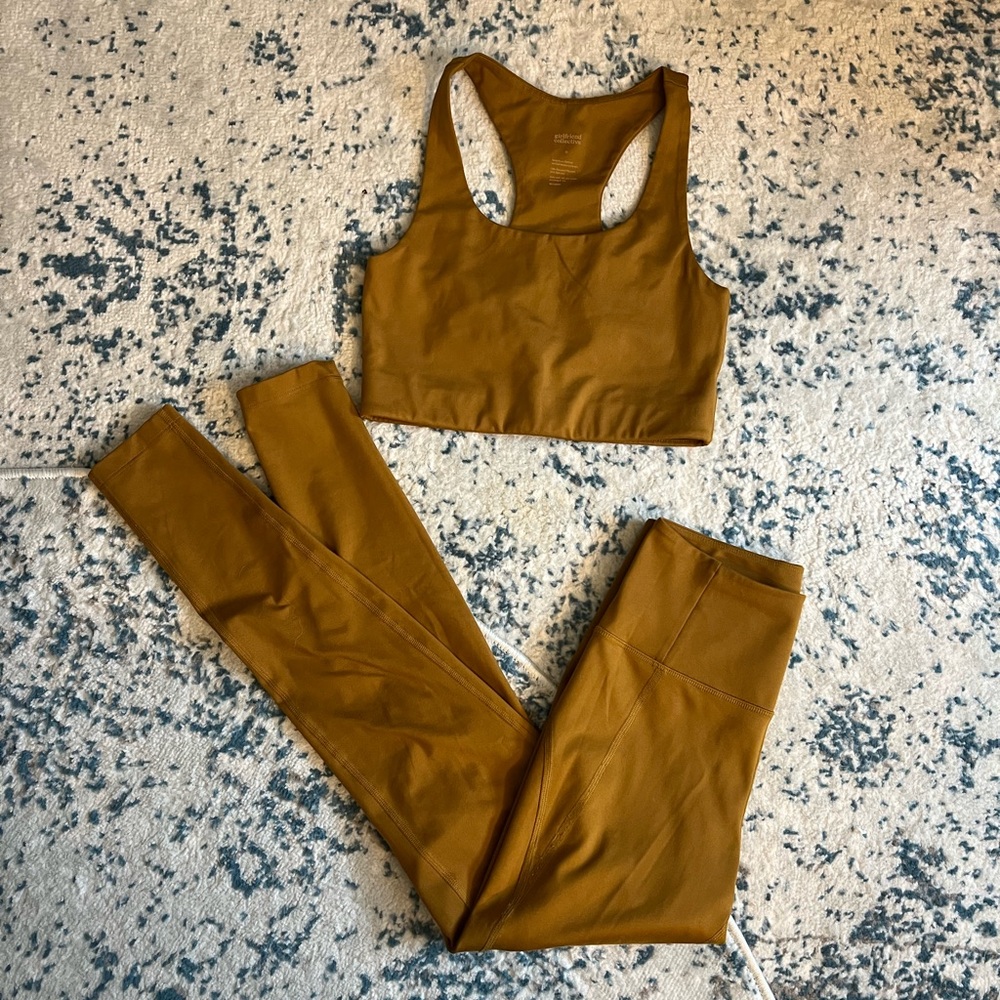 Girlfriend collective leggings and bra set in dark gold, size small